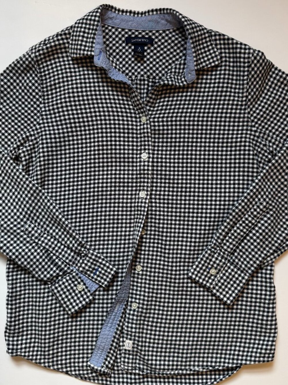 Lands End Gingham Flannel Button Down Shirt Womens Small Black White 100% Cotton